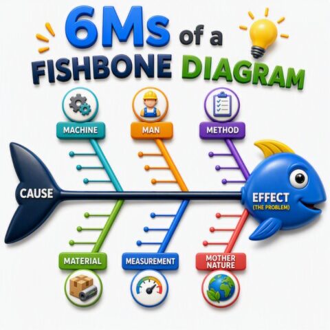 6Ms of a Fishbone Diagram showing Man, Machine, Method, Material, Measurement, and Mother Nature categories