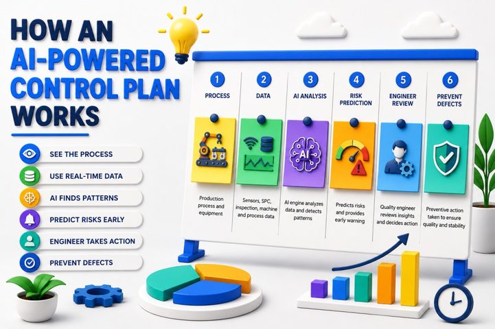 AI-powered Control Plan workflow showing real-time process monitoring, data collection, AI analysis, risk prediction, engineer review, and defect prevention.