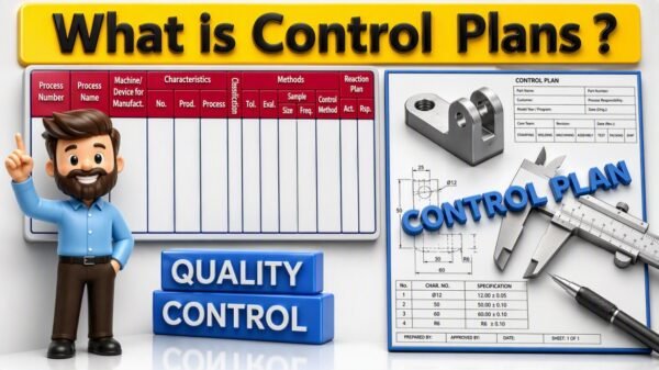 Quality control technician performing dimensional inspection on manufactured parts using a shop floor control plan, measuring equipment, and quality verification procedures in a production environment.
