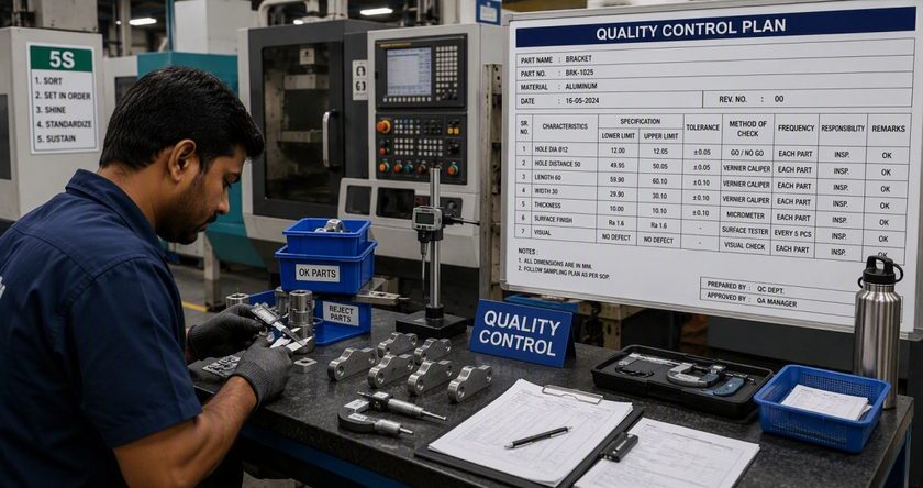 Quality engineer using a Control Plan on the shop floor to inspect manufactured components and monitor critical quality characteristics.