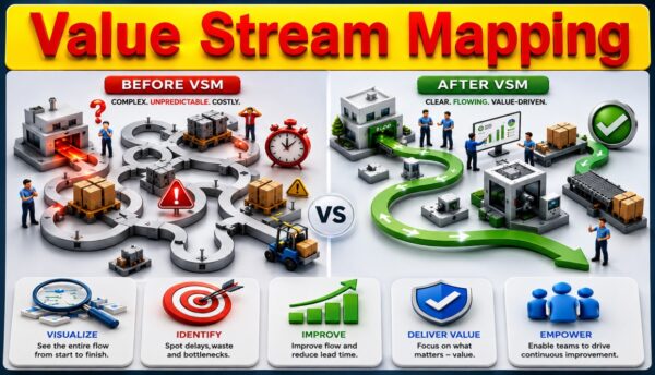 Value Stream Mapping cover infographic illustrating before and after process improvement, waste reduction, bottleneck elimination, smoother process flow, improved customer value, and key benefits of Lean Value Stream Mapping.