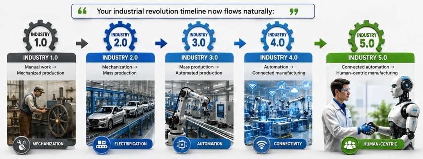 Timeline of the Industrial Revolutions from Industry 1.0 to Industry 5.0, showing the evolution from mechanization and mass production to automation, connected manufacturing, and human-centric manufacturing with AI and collaborative robots.