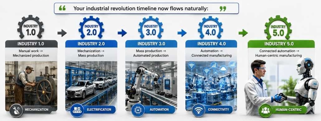 Industry 5.0 and Quality 5.0: How Smart Manufacturing is Evolving Timeline of the Industrial Revolutions from Industry 1.0 to Industry 5.0, showing the evolution from mechanization and mass production to automation, connected manufacturing, and human-centric manufacturing with AI and collaborative robots.