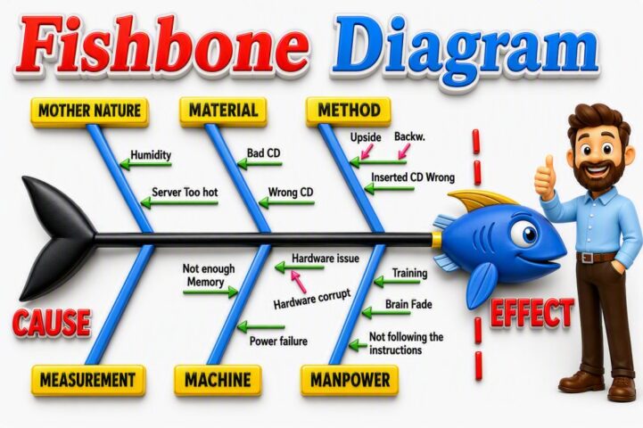 Fishbone Diagram example showing cause-and-effect analysis with categories such as Manpower, Machine, Method, Material, Measurement, and Mother Nature