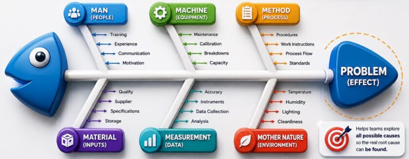 Fishbone Diagram example showing the 6Ms categories used for Root Cause Analysis including Man, Machine, Method, Material, Measurement, and Mother Nature