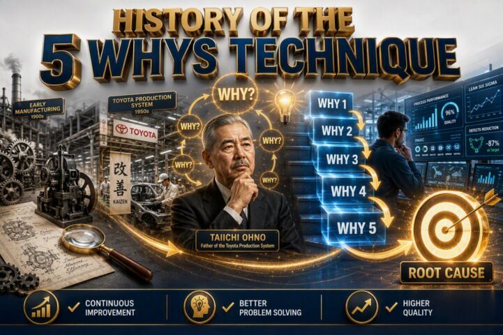 History of the 5 Whys technique infographic showing the origins of the 5 Whys method, its connection to the Toyota Production System, and root cause analysis