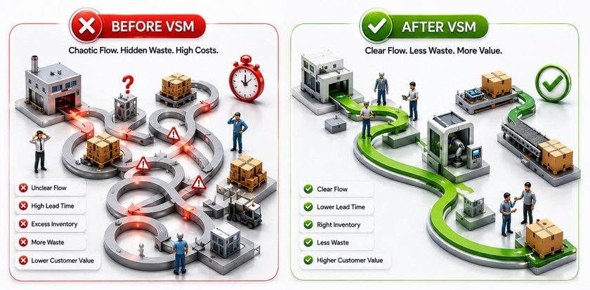 Before and after Value Stream Mapping (VSM) comparison showing chaotic process flow with high waste, excess inventory, and long lead times transformed into a streamlined Lean process with improved flow and customer value.