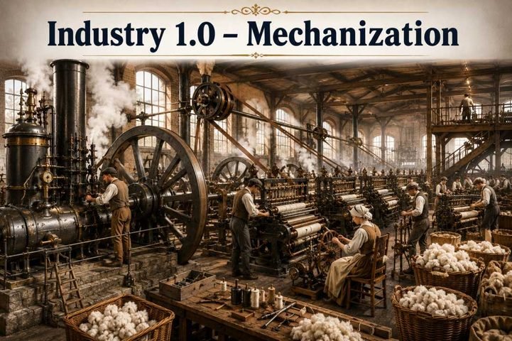 Industry 1.0 mechanization during the First Industrial Revolution, featuring steam-powered textile manufacturing, factory machinery, and the transition from manual labor to mechanized production.