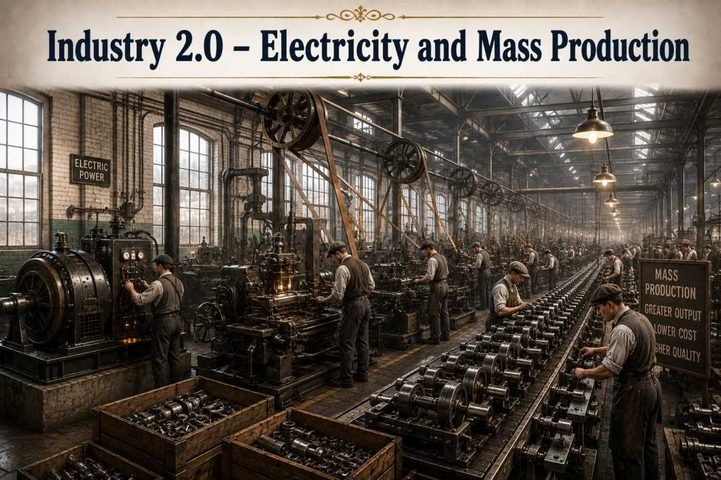 Industry 2.0 electricity and mass production during the Second Industrial Revolution, featuring factory assembly lines, electric-powered machinery, standardized manufacturing processes, and large-scale industrial production.