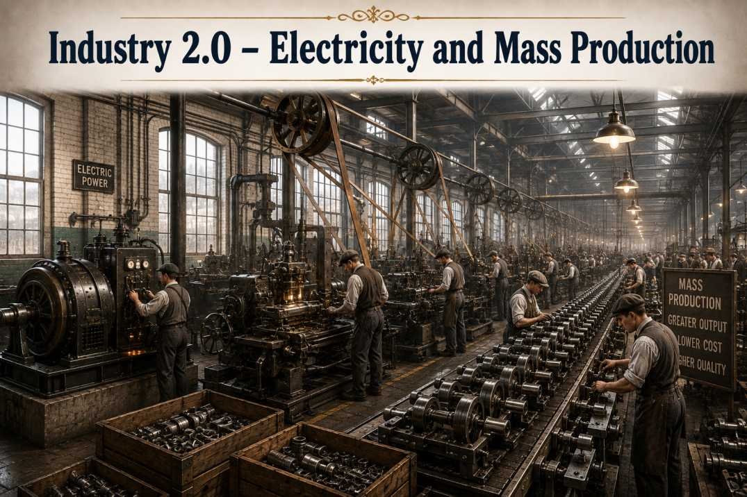 Industry 5.0 and Quality 5.0: How Smart Manufacturing is Evolving Industry 2.0 electricity and mass production during the Second Industrial Revolution, featuring factory assembly lines, electric-powered machinery, standardized manufacturing processes, and large-scale industrial production.