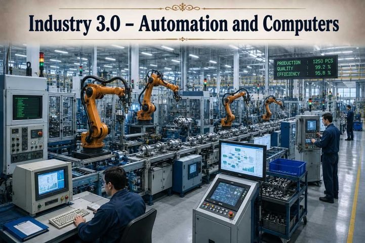 Industry 3.0 automation and computers featuring industrial robots, programmable logic controllers (PLCs), computerized manufacturing systems, and automated production lines that improved efficiency, precision, and productivity.