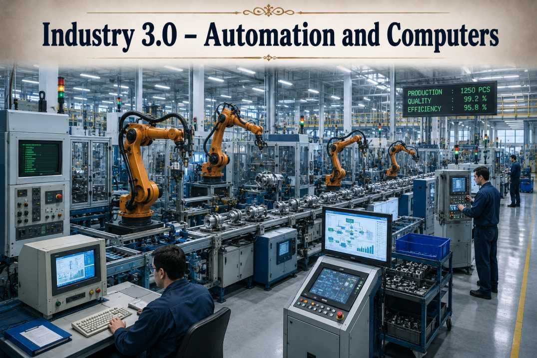Industry 5.0 and Quality 5.0: How Smart Manufacturing is Evolving Industry 3.0 automation and computers featuring industrial robots, programmable logic controllers (PLCs), computerized manufacturing systems, and automated production lines that improved efficiency, precision, and productivity.
