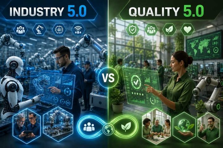 Industry 5.0 vs Quality 5.0 comparison showing human-machine collaboration, artificial intelligence, smart manufacturing, sustainable operations, digital quality management, collaborative robots, and quality excellence in modern industry.
