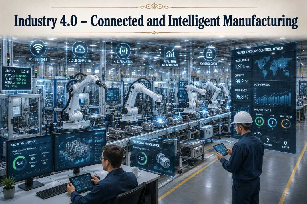 Industry 5.0 and Quality 5.0: How Smart Manufacturing is Evolving Industry 4.0 connected and intelligent manufacturing featuring a smart factory with artificial intelligence, Industrial Internet of Things (IIoT), cloud computing, predictive maintenance, industrial robots, digital dashboards, and real-time data analytics.