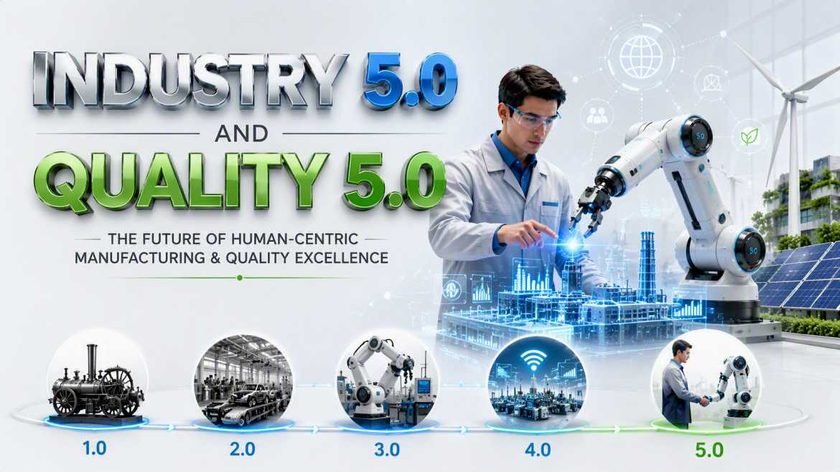 Industry 5.0 and Quality 5.0 illustration showing human-machine collaboration, a collaborative robot (cobot), digital manufacturing technologies, sustainable energy systems, and the evolution from Industry 1.0 to Industry 5.0.