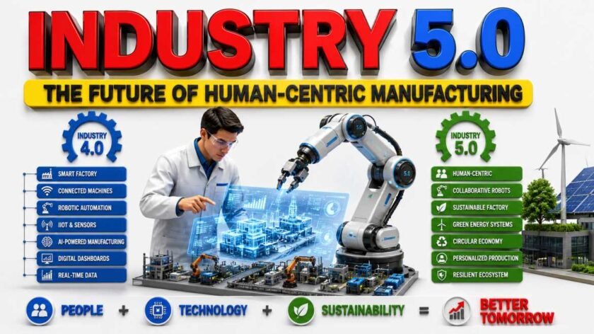 Industry 5.0 cover image showing human-centric manufacturing, collaborative robots, AI-powered smart factories, sustainability initiatives, digital transformation, and the evolution from Industry 4.0 to Industry 5.0.