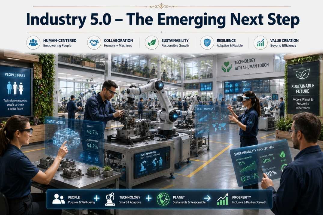 Industry 5.0 and Quality 5.0: How Smart Manufacturing is Evolving Industry 5.0 human-centric manufacturing environment showing people collaborating with robots, AI-powered production systems, sustainability initiatives, digital technologies, and resilient smart factory operations.
