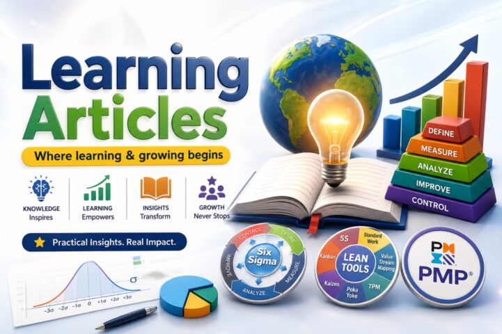 Learning Articles covering Lean Six Sigma, Quality Management, Project Management, Statistics, and Continuous Improvement with DMAIC methodology, Lean tools, PMP certification, data analysis, knowledge sharing, and professional development for engineers, quality professionals, and project managers.