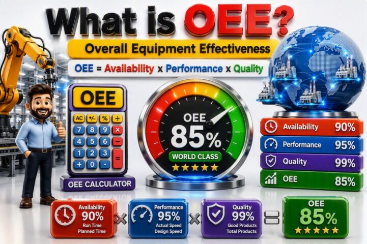 What is OEE (Overall Equipment Effectiveness) infographic showing OEE calculation using Availability, Performance, and Quality metrics. Manufacturing dashboard with OEE score, OEE calculator, factory automation, industrial productivity, Lean Six Sigma, continuous improvement, equipment performance monitoring, and operational excellence concepts.