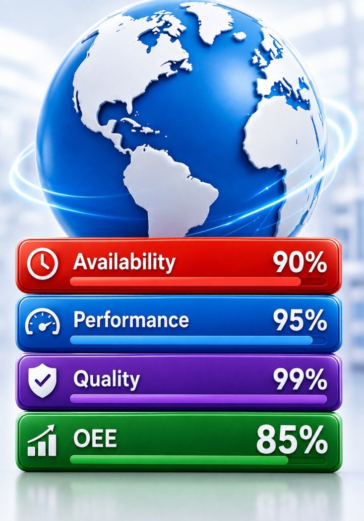 OEE score example showing Availability 90%, Performance 95%, Quality 99%, resulting in an Overall Equipment Effectiveness (OEE) score of 85%. Visual infographic explaining the three core OEE components used in Lean Manufacturing, TPM, operational excellence, and continuous improvement programs.