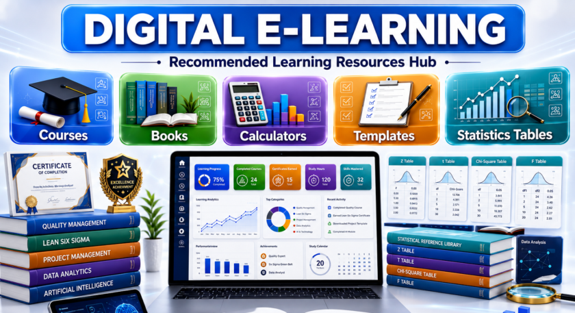 Digital E-Learning recommended learning resources hub featuring online courses, professional books, statistical calculators, project management templates, statistics tables, quality management resources, Lean Six Sigma materials, data analytics tools, and artificial intelligence learning content.