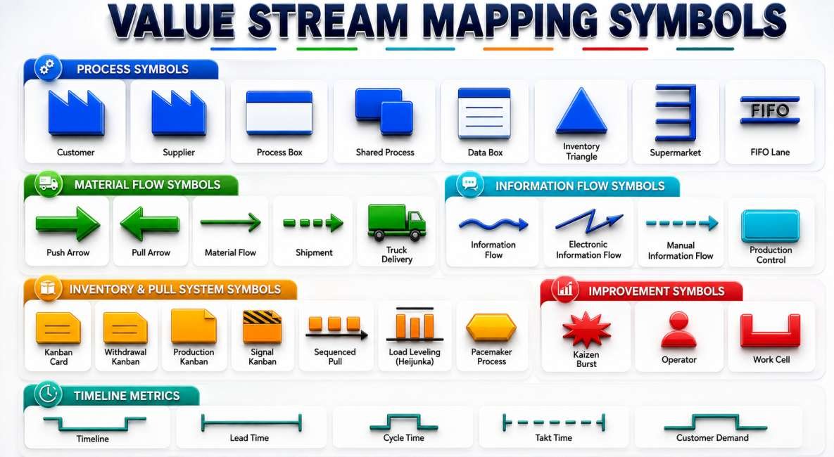 Value Stream Mapping: Analyze Current State and Design Future State Value Stream Mapping (VSM) symbols infographic showing process symbols, material flow symbols, information flow symbols, inventory and pull system symbols, improvement symbols, and timeline metrics used in Lean Manufacturing and Value Stream Mapping.