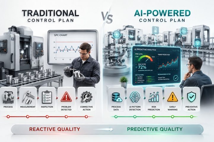 Traditional Control Plan vs AI-Powered Control Plan comparison showing the shift from reactive quality inspection to predictive quality using AI analytics and risk prediction.