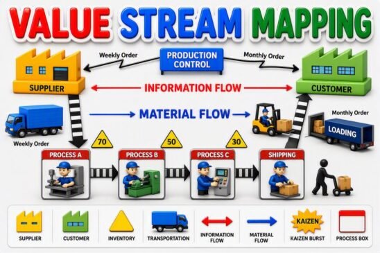 Value Stream Mapping (VSM) infographic showing supplier, production control, information flow, material flow, process steps, inventory, shipping, and customer in a lean manufacturing value stream.