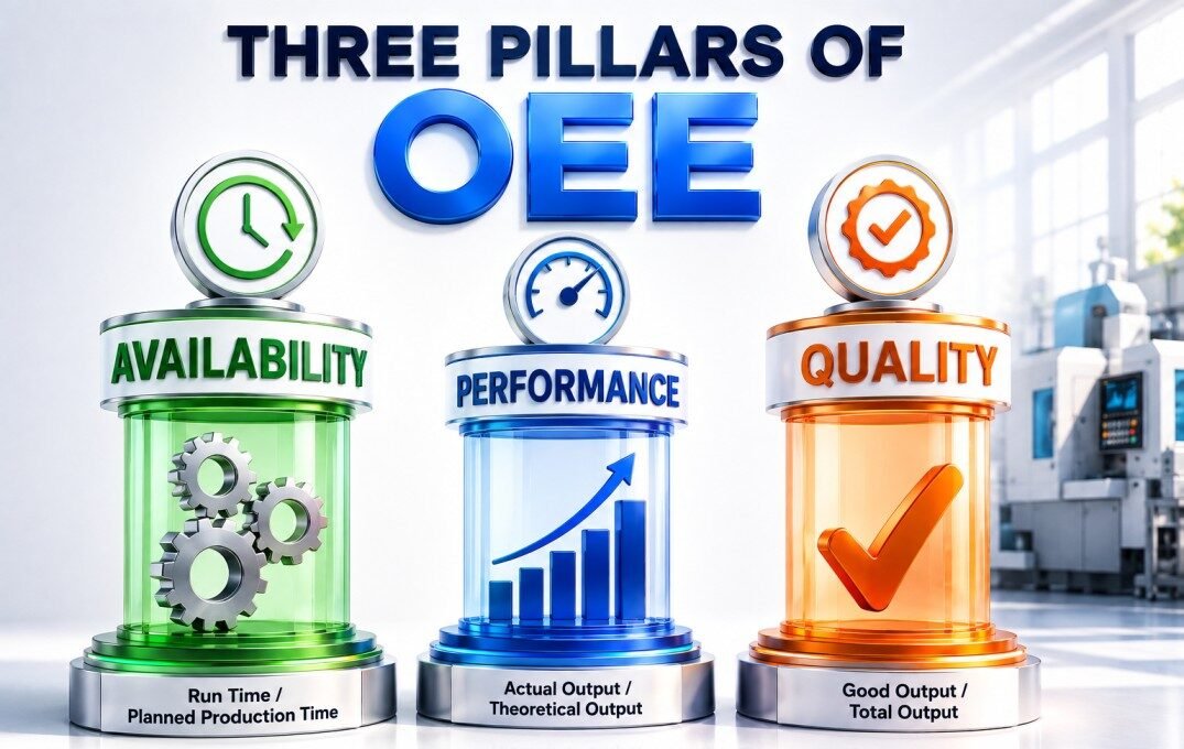 Three pillars of OEE infographic showing Availability, Performance, and Quality, the core components of Overall Equipment Effectiveness. Visual explains Availability as Run Time/Planned Production Time, Performance as Actual Output/Theoretical Output, and Quality as Good Output/Total Output. Used in Lean Manufacturing, TPM, and continuous improvement.