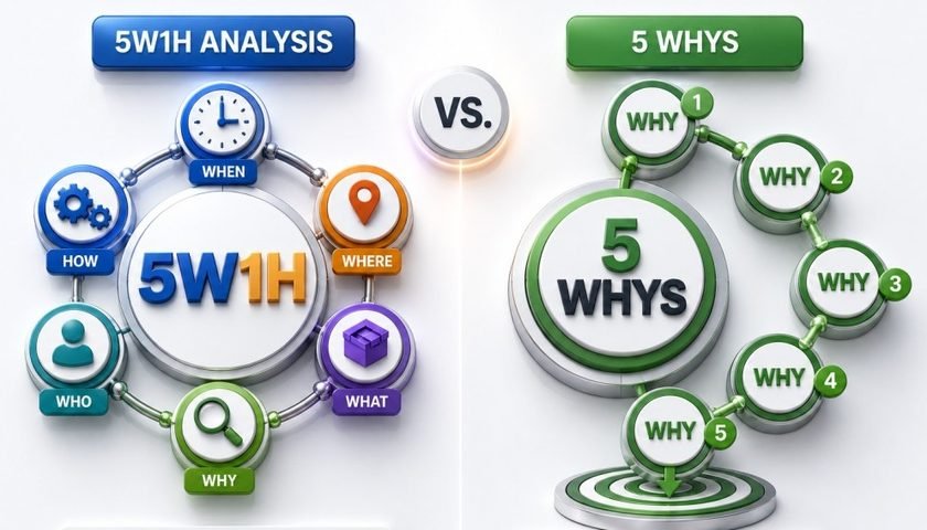 5W1H Analysis vs 5 Whys comparison infographic showing the six-question problem-solving framework alongside the root cause analysis method for continuous improvement and Lean Six Sigma projects.
Show more lines
