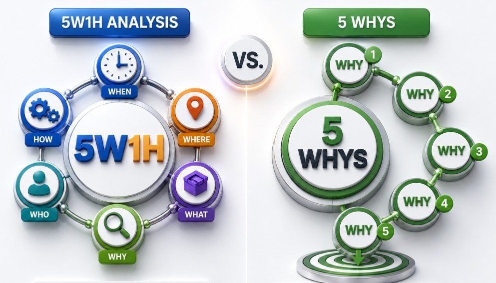 5W1H Analysis vs 5 Whys comparison infographic showing the six-question problem-solving framework alongside the root cause analysis method for continuous improvement and Lean Six Sigma projects.
Show more lines