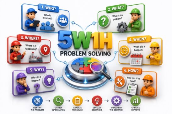 5W1H Problem Solving infographic showing the six key questions: Who, What, Where, When, Why, and How used to identify problems, analyze causes, and develop effective solutions.