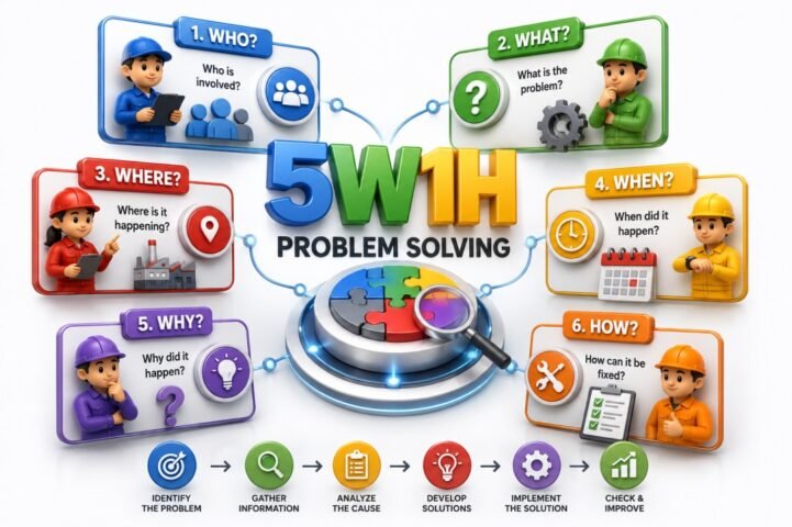 5W1H Problem Solving infographic showing the six key questions: Who, What, Where, When, Why, and How used to identify problems, analyze causes, and develop effective solutions.