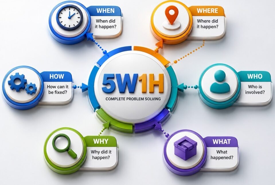 Colorful 5W1H problem-solving infographic showing What, Why, Who, Where, When, and How questions arranged around a central 5W1H framework for root cause analysis and continuous improvement.
Show more lines