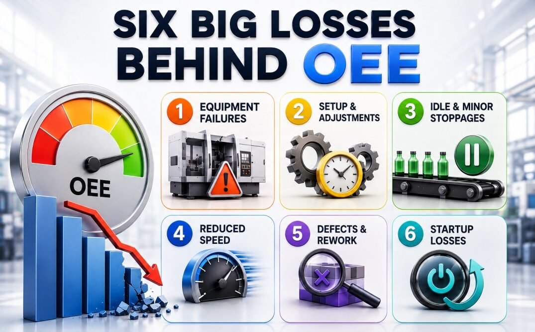 Six Big Losses of OEE infographic showing the primary causes of reduced Overall Equipment Effectiveness: Equipment Failures, Setup and Adjustments, Idle and Minor Stoppages, Reduced Speed, Defects and Rework, and Startup Losses. Visual guide for Lean Manufacturing, TPM, Lean Six Sigma, equipment reliability, and continuous improvement.