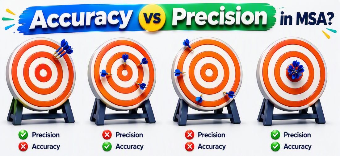 Accuracy vs Precision in MSA infographic showing four target board examples that illustrate accurate and precise measurements, accurate but imprecise measurements, precise but inaccurate measurements, and measurements that are neither accurate nor precise in Measurement System Analysis.