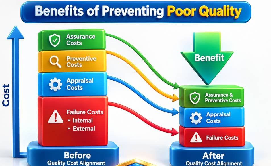 Benefits of Preventing Poor Quality infographic showing how increasing prevention, appraisal, and assurance costs reduces internal and external failure costs, resulting in lower overall Cost of Poor Quality (COPQ) and improved business performance.