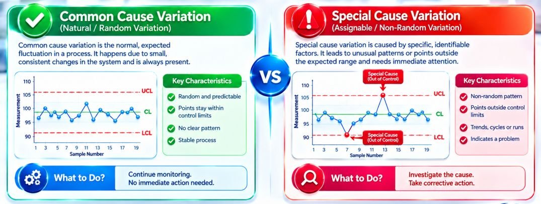 Common Cause vs Special Cause Variation infographic comparing natural process variation and assignable variation in Statistical Process Control (SPC), including control chart examples, key characteristics, and recommended actions for process improvement.