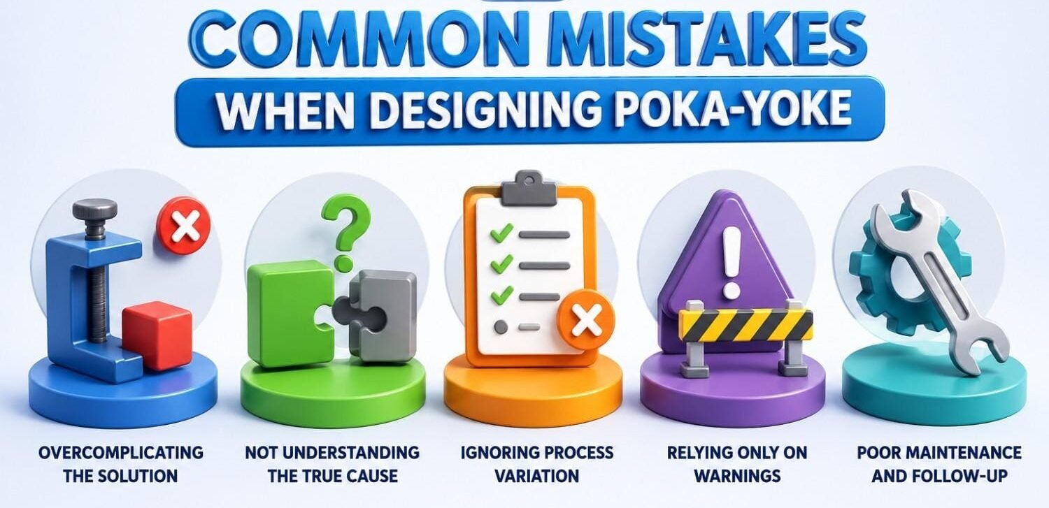 Common mistakes when designing Poka‑Yoke systems infographic highlighting five error‑proofing pitfalls: overcomplicating the solution, failing to identify the true root cause, ignoring process variation, relying only on warning systems instead of prevention, and poor maintenance or follow‑up of mistake‑proofing controls.