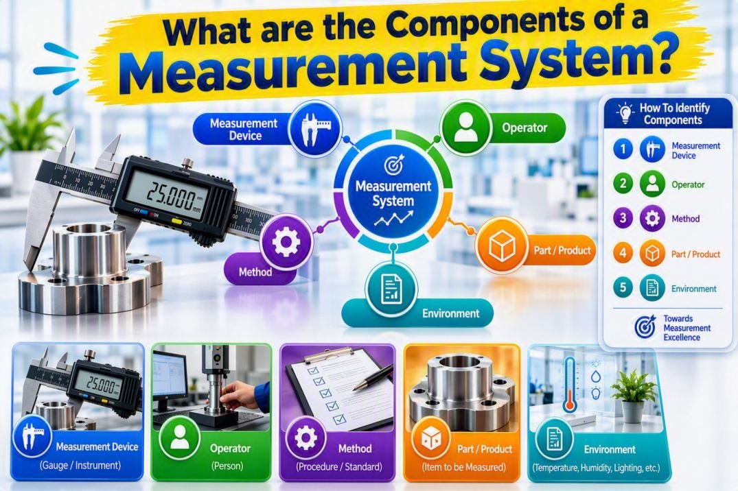 Measurement System components infographic showing the five key elements of Measurement System Analysis (MSA): measurement device, operator, method, part or product, and environment, with examples used in quality management and Gage R&R studies.