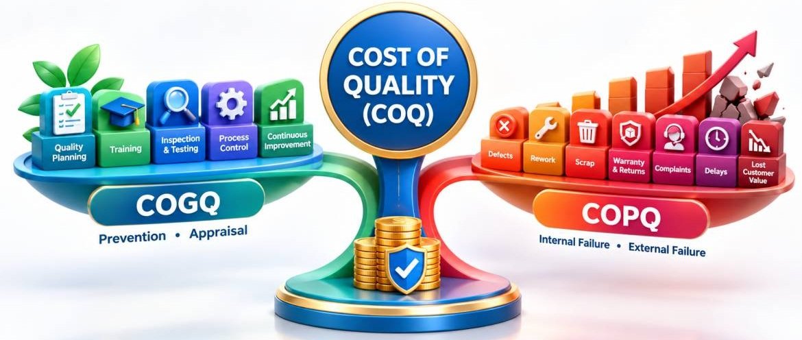 Cost of Quality (COQ) infographic illustrating the relationship between Cost of Good Quality (COGQ) and Cost of Poor Quality (COPQ), including prevention, appraisal, defects, rework, scrap, warranty claims, customer complaints, and continuous improvement activities.