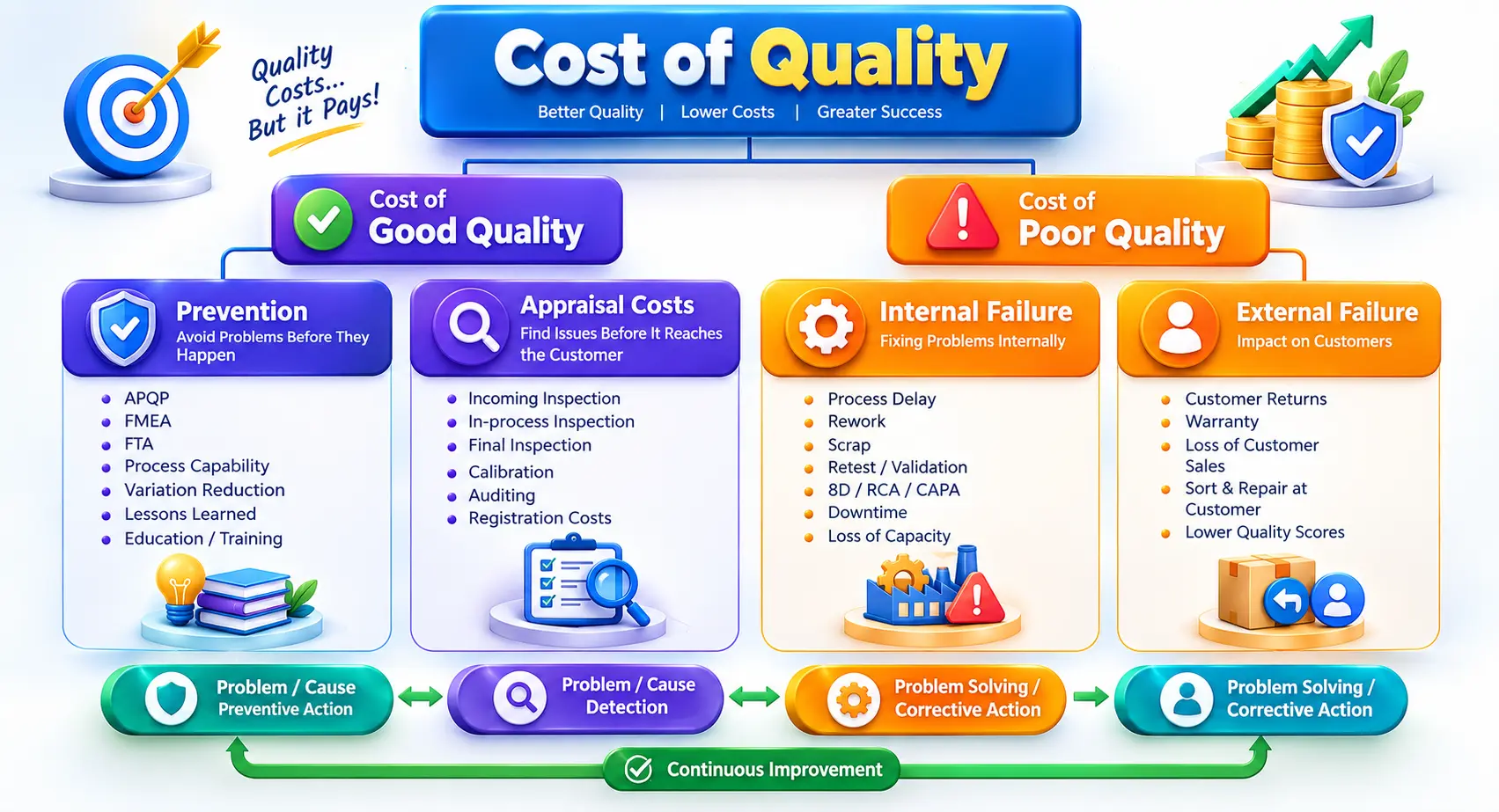 Cost of Quality (COQ) infographic showing the relationship between Cost of Good Quality (COGQ) and Cost of Poor Quality (COPQ), including prevention costs, appraisal costs, internal failure costs, and external failure costs with practical quality management examples.