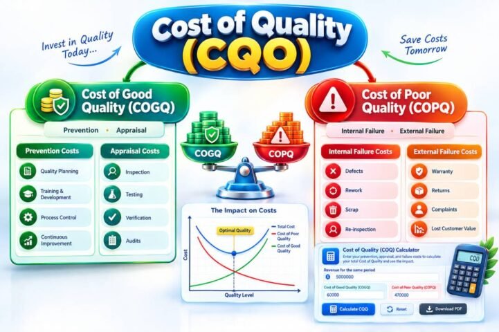 Cost of Quality (COQ) infographic comparing the Cost of Good Quality (COGQ) and Cost of Poor Quality (COPQ), showing prevention costs, appraisal costs, internal failure costs, external failure costs, and their impact on total quality costs and business performance.