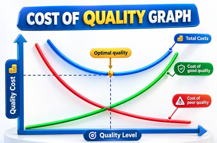 Cost of Quality (COQ) graph infographic showing the relationship between Cost of Good Quality (COGQ), Cost of Poor Quality (COPQ), and Total Quality Cost, highlighting the optimal quality level where overall quality costs are minimized.