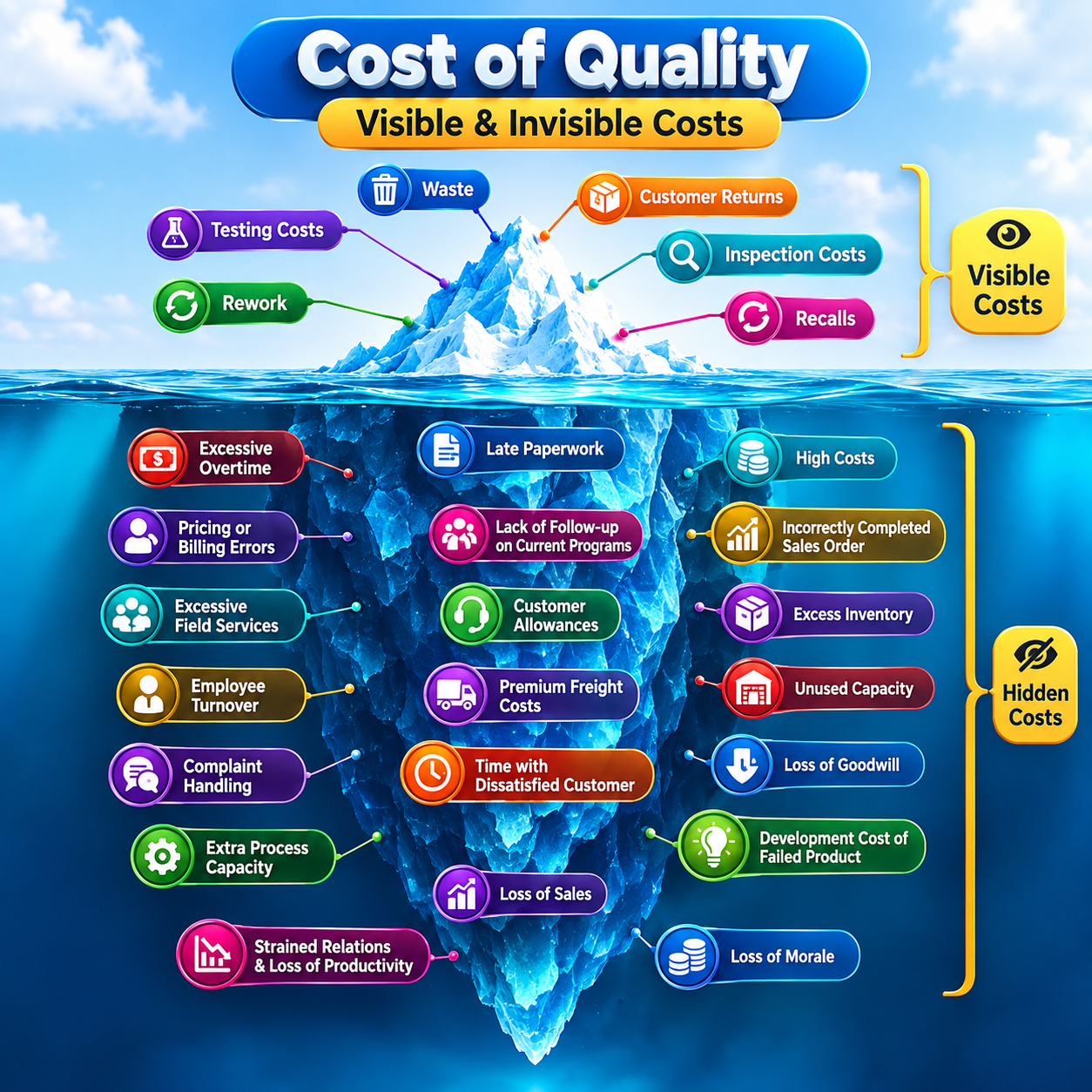 Cost of Quality (COQ) iceberg infographic illustrating visible and hidden quality costs, including testing, inspection, rework, waste, customer returns, recalls, lost sales, excess inventory, customer dissatisfaction, loss of goodwill, and reduced productivity.