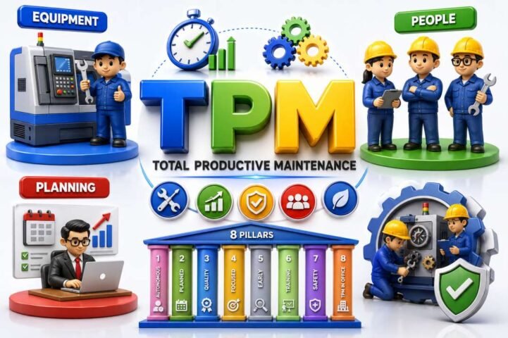 TPM (Total Productive Maintenance) infographic illustrating the relationship between Equipment, People, and Planning, supported by the 8 TPM Pillars and 5S Foundation to improve equipment reliability, increase OEE, reduce downtime, enhance quality, and achieve operational excellence.
