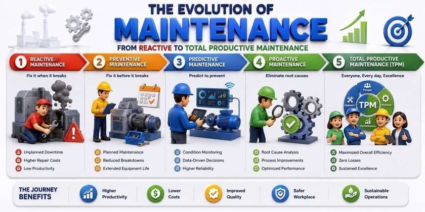 Evolution of maintenance strategies from reactive maintenance to TPM, illustrating how organizations improve equipment reliability, productivity, OEE, quality, and operational performance.