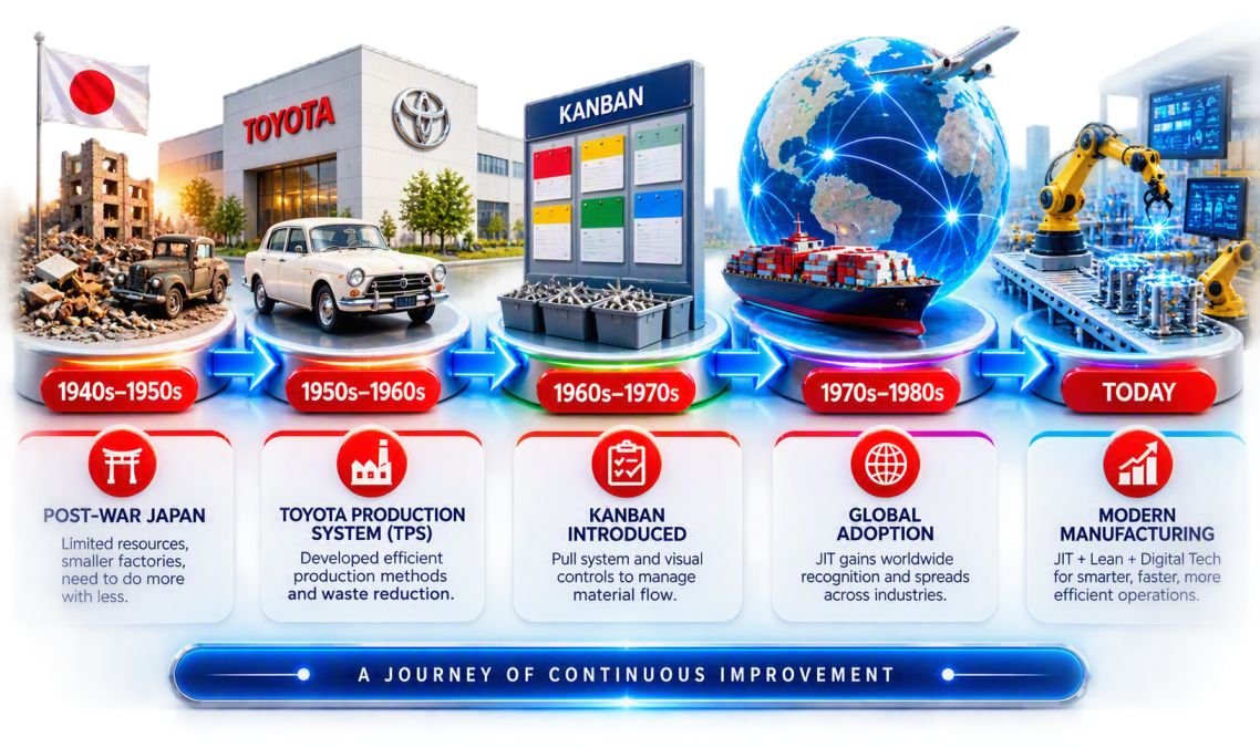 Timeline showing the history and evolution of Just-in-Time (JIT) Manufacturing from post-war Japan and the Toyota Production System (TPS) to Kanban, global adoption, and modern lean manufacturing.