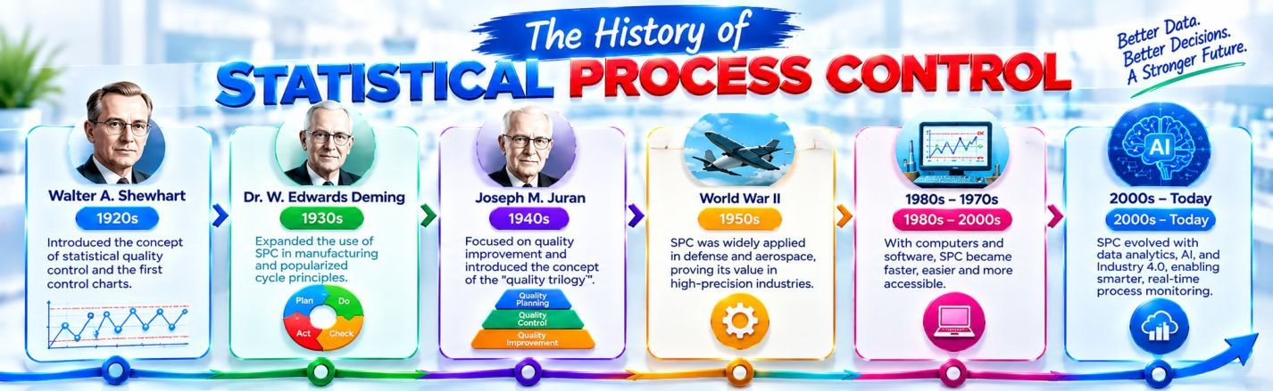 History of Statistical Process Control (SPC) timeline infographic featuring Walter Shewhart, W. Edwards Deming, Joseph M. Juran, World War II adoption, computer-enabled quality systems, and modern AI-powered process monitoring.