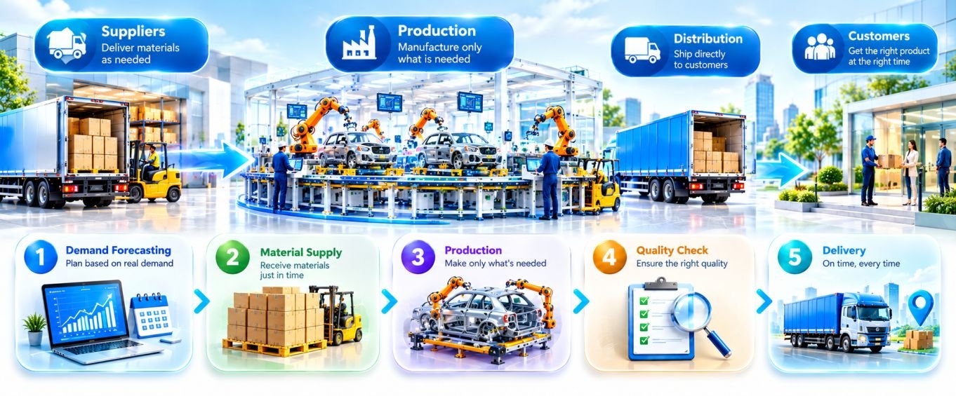 Just-in-Time (JIT) manufacturing process flow showing suppliers, production, quality checks, distribution, and customer delivery driven by real-time demand.